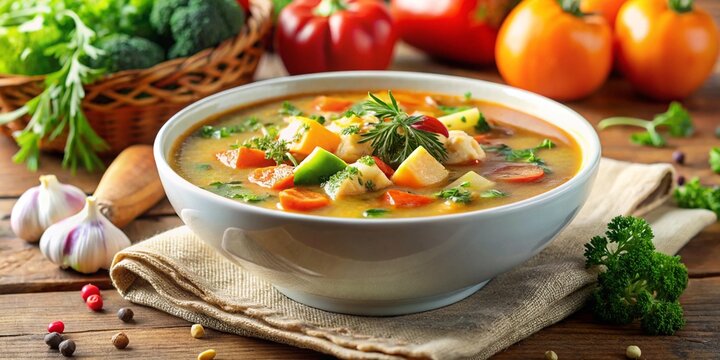 Sopa fresca y saludable, una opci&oacute;n de cena casera, destacando un platillo delicioso, caliente y sabroso, servido en un taz&oacute;n, con enfoque en aspectos vegetarianos y diet&eacute;ticos.