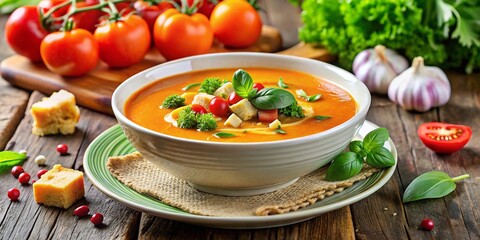 Sopa fresca y saludable, una opción de cena casera, destacando un platillo delicioso, caliente y sabroso, servido en un tazón, con enfoque en aspectos vegetarianos y dietéticos.