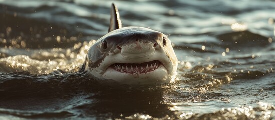 Fototapeta premium Shark swimming in calm waters during late afternoon light