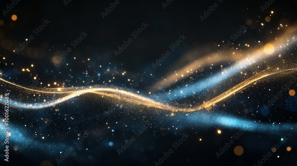 Poster abstract light trails and shimmering particles create a dynamic wave pattern in a dark setting