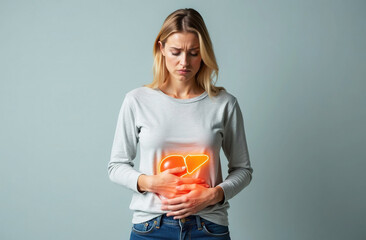 Woman with blond hair looks worried and holds her hands on her stomach. Her liver is glowing orange-yellow. Space for text. 
