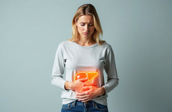 Woman with blond hair looks worried and holds her hands on her stomach. Her liver is glowing orange-yellow. Space for text. 