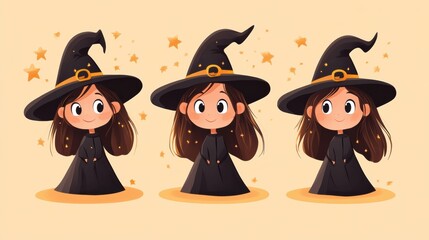Cute cartoon witch with magical stars in a playful pose