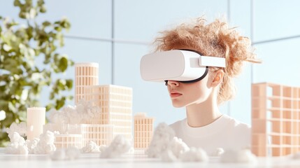 A person using a virtual reality headset to engage in a collaborative design project, interacting with a digital 3D model.