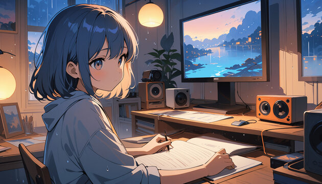 A peaceful, anime-inspired scene young girl at her desk, enveloped in the soothing ambiance of a rainy day. This beautiful 4K wallpaper blends manga and anime styles, creating a warm, inviting setting