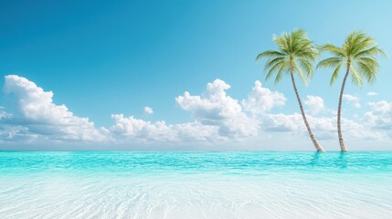 Palm trees swaying in the breeze, with turquoise water and white sand below.