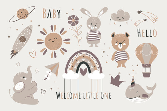 Fototapeta A set of elements for a newborn with funny animals, inscriptions and space elements. Vector design.