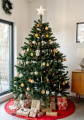 A festive Christmas tree adorned with a variety of colorful ornaments, including baubles, animal figurines, and dried orange slices.