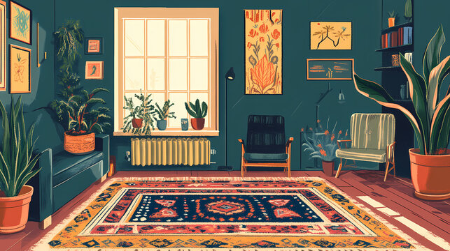 Eclectic interior design, a retro persian rug adds a vibrant touch to the muted decor of the minimalist boho-themed room, creating a striking visual appeal. Persian Rug Design. Illustration