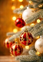 Shiny Christmas tree ornaments hanging amidst silver pine needles, creating a festive atmosphere. The baubles include red and white ones, all adorned with delicate star patterns.