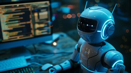 Humanoid robot working on a computer in a dark room