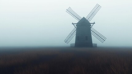 Obraz premium Abandoned windmill in drifting fog, eerie atmosphere, 3D illustration