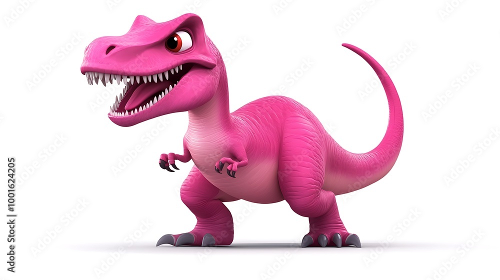 Poster Cute pink cartoon dinosaur. Funny and friendly prehistoric creature. Isolated on white