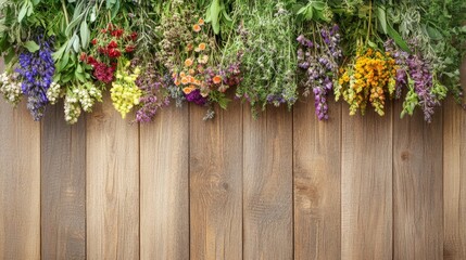 Fototapeta premium Hanging bunches of medicinal herbs background composition