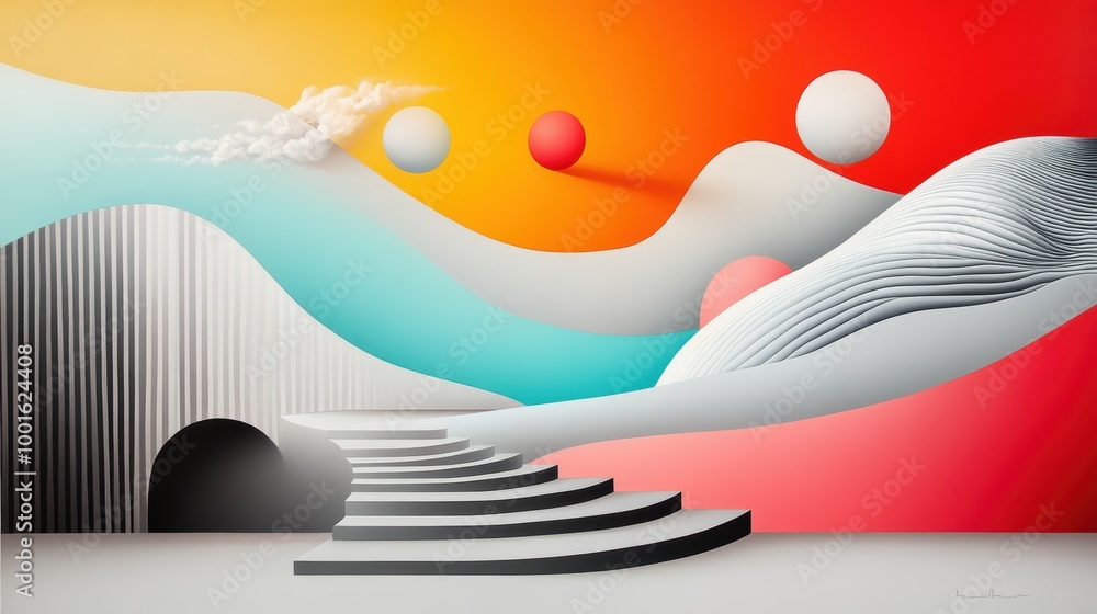 Poster abstract artwork featuring a dynamic interplay of curved lines and geometric shapes, creating a sens