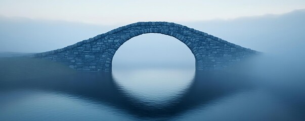 Ancient stone bridge, fog drifting over river, mysterious vibe, 3D illustration