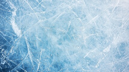 Close-up view of a textured and scratched ice rink surface in a horizontal layout with frosty blue and white tones