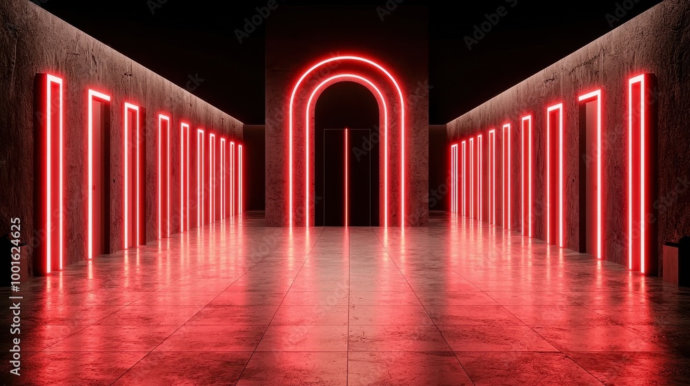 Poster a modern corridor illuminated with red neon lights, creating a futuristic and captivating atmosphere