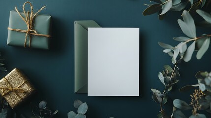 Blank greeting card mockup with gift boxes and eucalyptus leaves on a dark green background