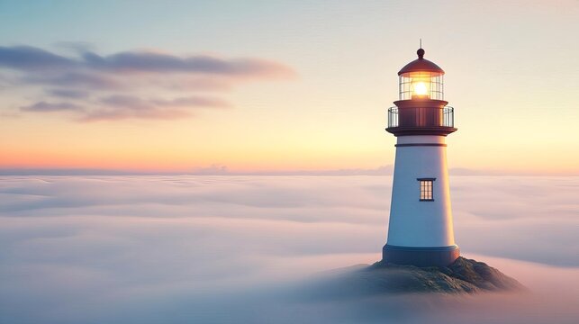 Cliffside lighthouse surrounded by drifting fog, beacon light, 3D illustration