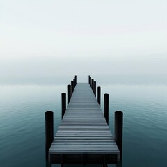 Fototapeta premium Dense fog enveloping old wooden pier, tranquil waters, 3D illustration