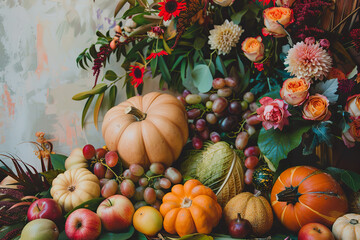 A colorful arrangement of pumpkins and other fruits and vegetables, generative ai image.,