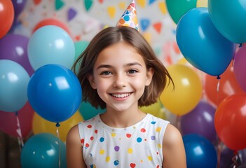 Obraz premium A young, straight-haired girl with a bright, joyful expression on his face, surrounded by colorful balloons in a festive setting