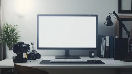 Minimalist Workspace with Computer and Camera