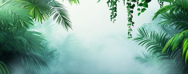 Naklejka premium Dense jungle shrouded in drifting fog, vines hanging, 3D illustration