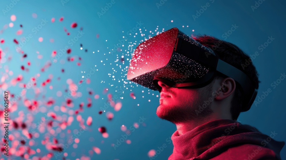 Poster an abstract representation of vr and ar technologies, showing digital worlds merging with reality.
