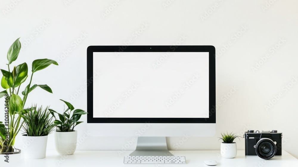 Poster minimalist workspace with desktop computer and camera