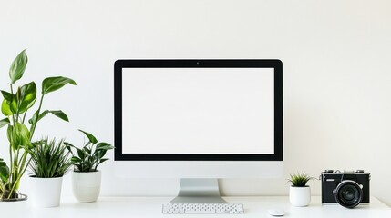 Fototapeta premium Minimalist Workspace with Desktop Computer and Camera