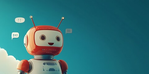 Naklejka premium Cute Cartoon Robot with Chat Bubbles, Artificial Intelligence Concept
