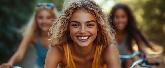 Happy young woman smiling with friends on a bike ride