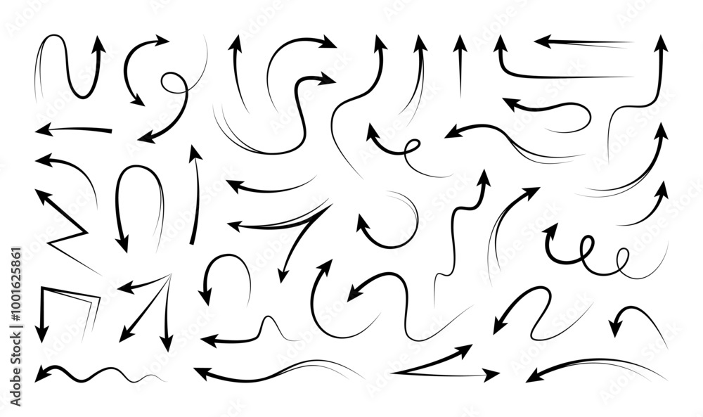 Poster Line arrows. Curve hand drawn icons, circle right swirl design. Wavy scribble pencil sketch, path sign. Isolated black elements for presentation design. Stroke pointing. Vector brushstrokes set