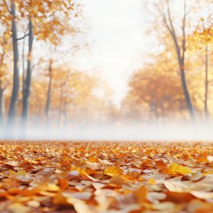Drifting fog in autumn forest, golden leaves, 3D illustration