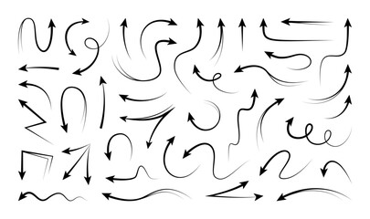 Line arrows. Curve hand drawn icons, circle right swirl design. Wavy scribble pencil sketch, path sign. Isolated black elements for presentation design. Stroke pointing. Vector brushstrokes set