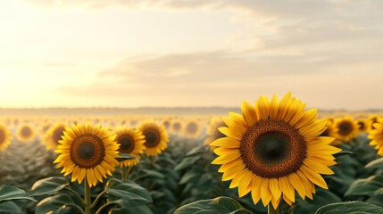 Obraz premium Drifting fog over a sunflower field, golden light, 3D illustration