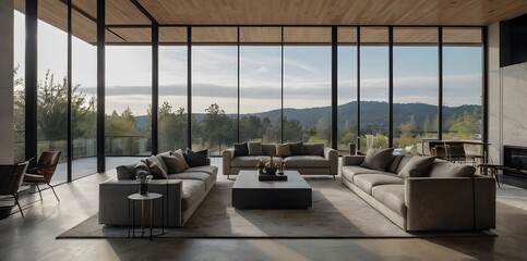 Beautiful living room interior in new luxury home with open concept floor plan. Shows kitchen, dining room, and wall of windows with amazing exterior view