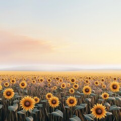 Obraz premium Drifting fog over sunflower field, early morning light, 3D illustration