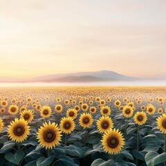 Obraz premium Drifting fog over sunflower field, early morning light, 3D illustration