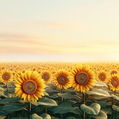 Obraz premium Drifting fog over sunflower field, early morning light, 3D illustration