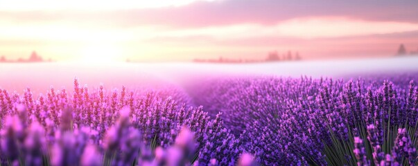 Obraz premium Drifting fog through a lavender field, sunrise hues, 3D illustration