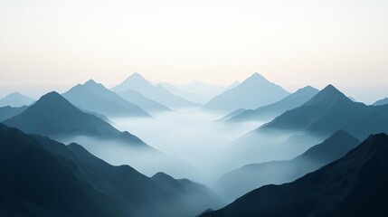 Fog covering mountain valley, distant peaks, 3D illustration