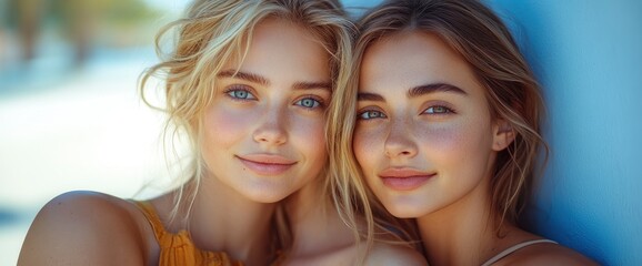 Fototapeta premium Portrait of Two Beautiful Blonde Women Smiling Together