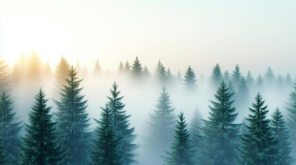 Fog drifting over dense pine forest, tranquil scene, 3D illustration