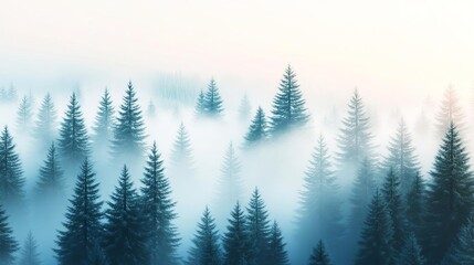Fototapeta premium Fog drifting over dense pine forest, tranquil scene, 3D illustration