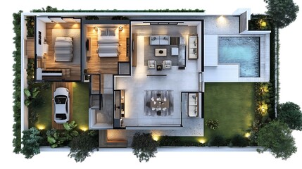 3D isometric floor plan of a modern house with a pool and garden