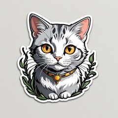 Obraz premium Adorable gray cat with golden bell collar cutely posing amid green leaves on light background