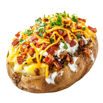A loaded baked potato topped with cheese, bacon, and herbs.
